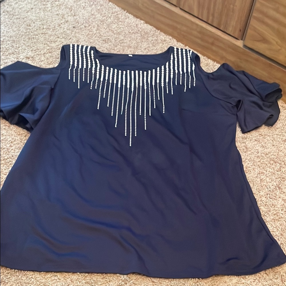Navy Blue Embellished Cold Shoulder Top